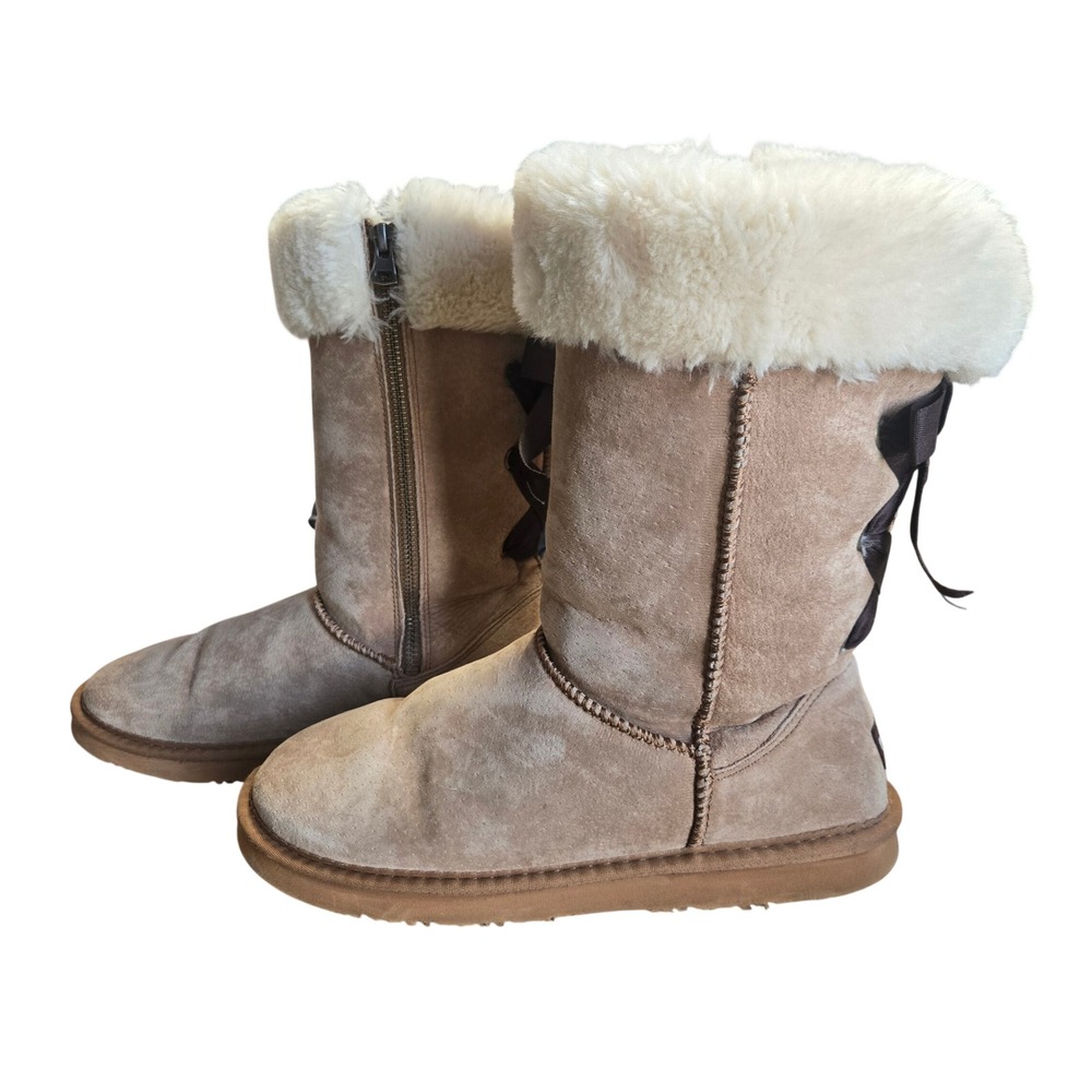 Lamo Adele Tall Suede Winter Boots Brown Faux Fur Lining Ribbon Bow Back Zip 9